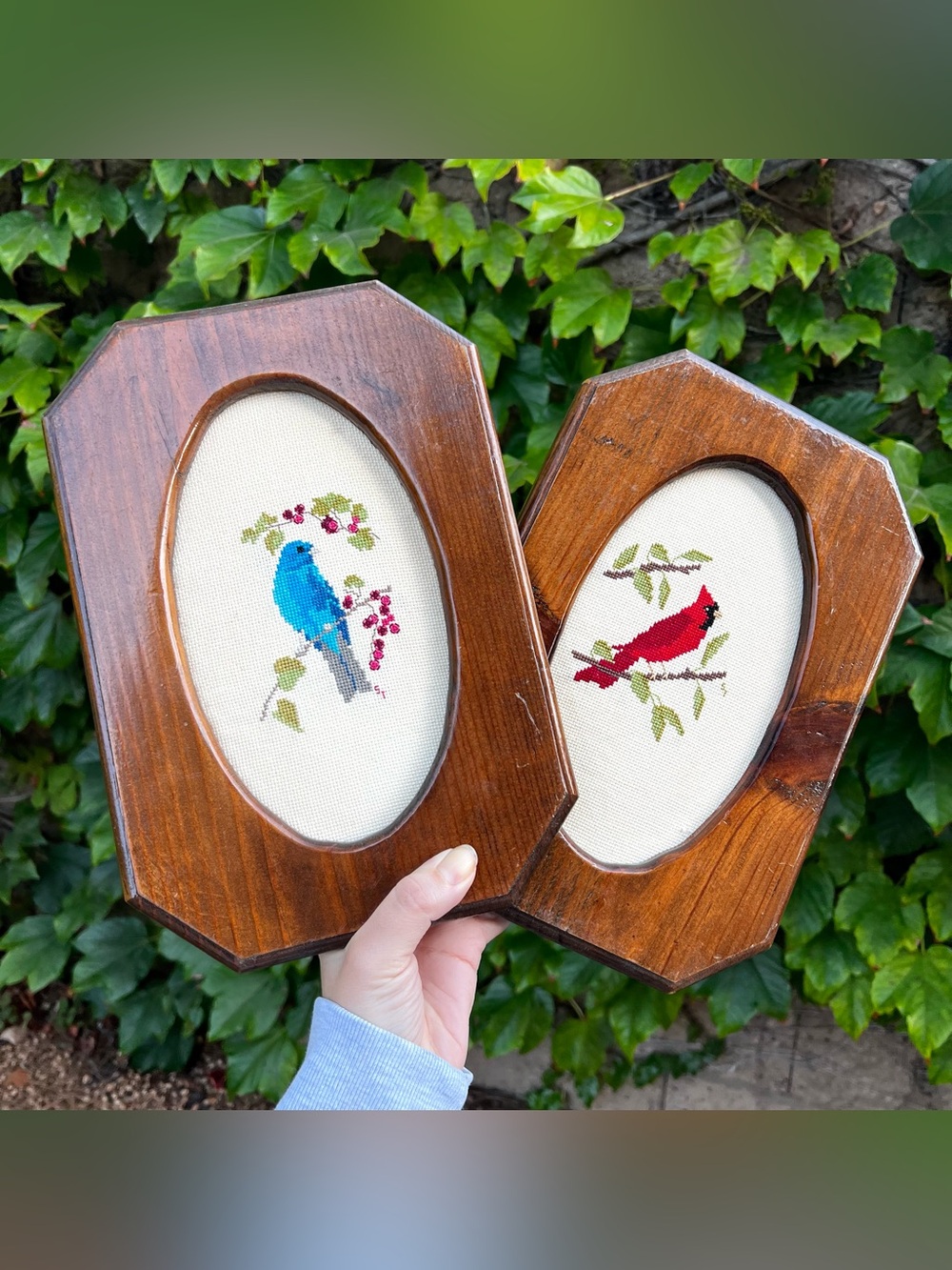 Vintage Needlepoint Bluebird and Cardinal Wooden Framed Art Oval Birds 11" x 7"